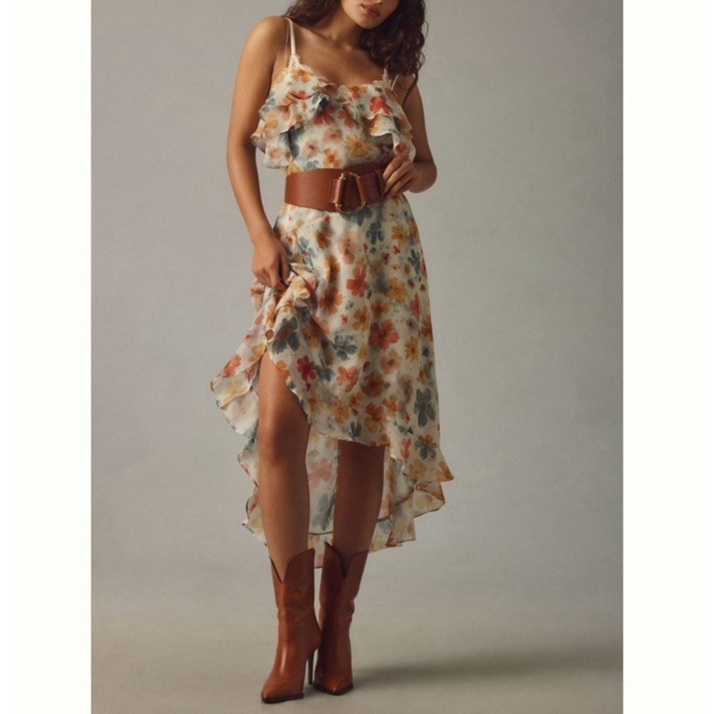 Anthropologie Floral Midi Dress Size:L Sleeveless Asymmetric Ruffled